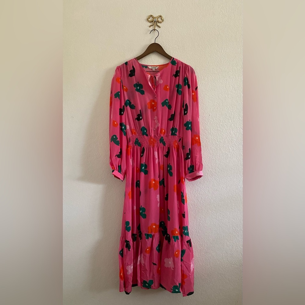 Tucker NYC Juliette Dress in Pink Painted Poppies Floral 100% Silk Size Large